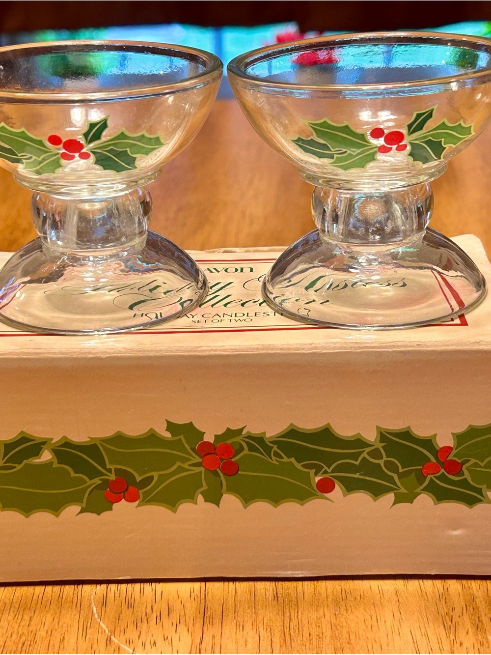 Avon Vintage Holly Glass Votive/Candlestick Holders Green & Red Holly